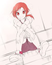 Rule 34 | 10s, 1girl, arakawa tarou, blush, breath, dutch angle, elbow pads, eyelashes, full body, hair ornament, hairclip, happy, highres, hino akane (smile precure!), looking at viewer, ponytail, precure, red eyes, red hair, shirt, shoe soles, shoes, short hair, shorts, sitting, smile, smile precure!, sneakers, solo, sportswear, x hair ornament