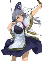 Rule 34 | 1girl, aiming, arrow (projectile), berabou, bow (weapon), cowboy shot, drawing bow, hat, holding bow (weapon), japanese clothes, kariginu, mononobe no futo, muneate, solo, tate eboshi, touhou, weapon, white background, wide sleeves