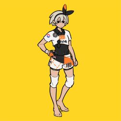 Rule 34 | 1girl, barefoot, bea (pokemon), black bodysuit, black eyes, bodysuit, bodysuit under clothes, creatures (company), female focus, flat color, full body, game freak, gloves, grey hair, hand on own hip, highres, looking at viewer, miyoshi yoshimi, nintendo, pokemon, pokemon swsh, print shirt, print shorts, shirt, short hair, short sleeves, shorts, simple background, single glove, solo, standing, yellow background