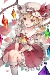 Rule 34 | 1girl, :p, a maru, artist name, bad id, bad pixiv id, blonde hair, collarbone, crystal, fangs, flandre scarlet, flower, hat, highres, kneehighs, long hair, looking at viewer, mob cap, open mouth, pointy ears, puffy short sleeves, puffy sleeves, red eyes, red flower, red rose, red skirt, rose, short sleeves, side ponytail, skirt, smile, socks, solo, tongue, tongue out, touhou, white background, white hat, white socks, wings