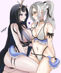 Rule 34 | 2girls, absurdres, artist name, asymmetrical docking, azur lane, bikini, black eyes, black hair, blush, breast press, breasts, cleavage, drake (azur lane), drake (the golden hind&#039;s respite) (azur lane), golden hind (azur lane), grey hair, heart, highres, historical connection, large breasts, looking at another, mightyplem, multiple girls, name connection, navel, nervous sweating, official alternate costume, ponytail, sweat, swimsuit, tentacles, white bikini, yellow eyes