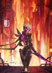 Rule 34 | 1girl, absurdres, alternate costume, alternate hair color, alternate hairstyle, ass, cityscape, cyberpunk, cyborg, fiora (league of legends), from behind, highres, holding, holding weapon, league of legends, lips, looking at viewer, mecha musume, monori rogue, project: fiora, solo, standing, sword, urban, weapon, white hair