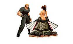 Rule 34 | 1boy, 1girl, aliasing, ass, breasts, full body, hand fan, high ponytail, japanese clothes, large breasts, lowres, pants, pixel art, ponytail, presenting, self exposure, shiranui mai, shirt, simple background, snk, standing, t-shirt, the king of fighters, white background, yamazaki ryuuji
