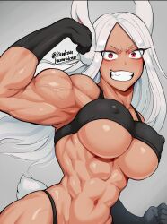 Rule 34 | 1girl, :d, abs, angry, animal ears, artist name, bare shoulders, biceps, black gloves, black panties, black sports bra, boku no hero academia, breasts, clenched hands, clenched teeth, covered erect nipples, crop top, dark-skinned female, dark skin, fang, flexing, gloves, grey background, harurukan, highleg, highleg panties, highres, large breasts, long eyelashes, long hair, looking at viewer, mirko, muscular, muscular female, navel, obliques, open mouth, panties, parted bangs, puffy nipples, rabbit ears, rabbit girl, rabbit tail, red eyes, signature, smile, solo, sports bra, stomach, straight hair, strong, tail, teeth, thick thighs, thighs, thong, underboob, underwear, upper body, v-shaped eyebrows, veins, veiny arms, white hair