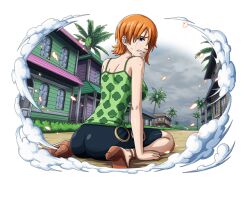 Rule 34 | 1girl, building, crying, crying with eyes open, facing away, green shirt, high heels, kneeling, looking at viewer, looking back, nami (one piece), official art, one piece, one piece treasure cruise, orange hair, palm tree, shirt, short hair, solo, tears, town, tree