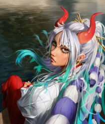 Rule 34 | 1girl, absurdres, aqua hair, closed mouth, earrings, from side, grey hair, hair ornament, hair stick, high ponytail, highres, hoop earrings, horns, jewelry, long hair, long sleeves, looking at viewer, looking to the side, maassi (maa2sii), multicolored hair, multicolored horns, one piece, oni, oni horns, outdoors, ponytail, red skirt, rope, shimenawa, sitting, skirt, solo, yamato (one piece), yellow eyes