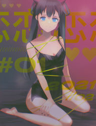 Rule 34 | 1girl, 2021, bare shoulders, barefoot, bed sheet, black dress, black hair, blue eyes, blue nails, bound, chromatic aberration, closed mouth, diffraction spikes, dress, eyelashes, fingernails, glint, heart, highres, long hair, mysoda, nail polish, original, restrained, sitting, smile, solo, tied up (nonsexual), twintails, wariza