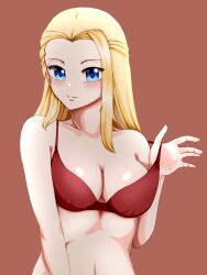 Rule 34 | 1girl, adjusting bra, adjusting clothes, blonde hair, blue eyes, bra, breasts, brown background, clara (girls und panzer), cleavage, closed mouth, commentary, girls und panzer, gomi ningen (81848656), highres, large breasts, long hair, looking at viewer, red bra, simple background, smile, solo, strap slip, underwear, upper body