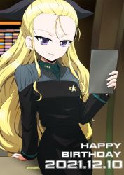 Rule 34 | 1girl, assam (girls und panzer), birthday, black jumpsuit, black ribbon, blonde hair, blue eyes, commentary request, commission, cosplay, crossover, english text, girls und panzer, hair pulled back, hair ribbon, happy birthday, highres, holding, indoors, jumpsuit, kamishima kanon, lcars, long hair, long sleeves, looking at viewer, parted lips, ribbon, skeb commission, smile, solo, standing, star trek, starfleet uniform, uniform