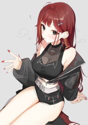 Rule 34 | 1girl, akane lize, bare shoulders, black choker, black eyes, black jacket, black shirt, black shorts, breasts, choker, cleavage, crop top, cropped jacket, cutoffs, fingernails, hair ornament, hairclip, high-waist shorts, highres, jacket, large breasts, long hair, looking at viewer, micro shorts, midriff, mole, mole under eye, multicolored hair, nail polish, off shoulder, open clothes, open jacket, open mouth, puffy sleeves, red hair, red nails, see-through, see-through cleavage, seiza, sharp fingernails, shirt, shoes, shorts, simple background, sitting, sleeveless, sleeveless shirt, solo, stellive, streaked hair, sweat, syhan, thighs, virtual youtuber