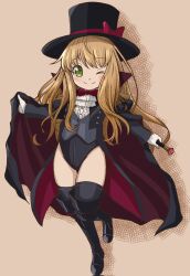 Rule 34 | 1girl, black cloak, black footwear, black hat, black jacket, black leotard, black thighhighs, blonde hair, boots, bow, bowtie, cane, cloak, cloak lift, commission, corrupted twitter file, emapippi, full body, gem, gloves, green eyes, grey vest, hat, highres, jacket, leotard, leotard under clothes, lifted by self, long hair, looking at viewer, one eye closed, open cloak, open clothes, original, phantom thief, phantom thief (kkmomo67), red cloak, shirt, skeb commission, smile, solo, standing, standing on one leg, thigh boots, thighhighs, thighs, top hat, two-tone cloak, vest, white gloves, white shirt
