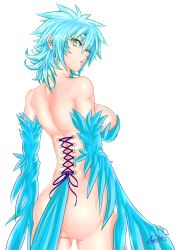 Rule 34 | 1girl, areola slip, ass, back, blue feathers, blue hair, blue wings, breasts, commentary, corset piercing, feather pasties, feathered wings, feathers, hair between eyes, harpy, highres, large breasts, long hair, looking back, maria (zippedsquire), monster girl, nude, open mouth, original, piercing, sideboob, simple background, solo, white background, winged arms, wings, yellow eyes, zippedsquire