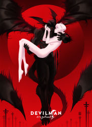 Rule 34 | 1boy, 1girl, absurdres, ahoge, apoloniodraws, bleeding, blood, bloody tears, carrying, claws, closed eyes, closed mouth, contrast, copyright name, crying, crying with eyes open, demon wings, devilman, devilman (character), devilman crybaby, dripping, film grain, floating, fur, head wings, highres, holding, holding person, makimura miki, moon, nude, princess carry, red moon, red theme, short hair, signature, smile, tail, talons, tears, wings, yellow eyes