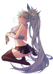 Rule 34 | 1girl, back, blush, bow, breath, grey hair, holding, holding towel, leaf, long hair, looking back, original, pink eyes, shoulder blades, simple background, sitting, skirt, smile, solo, sweat, sweatdrop, thighhighs, torn clothes, towel, towel around neck, very long hair, white background, zuizi