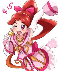 Rule 34 | 1girl, ;d, bow, brooch, brown hair, chocokin, cowboy shot, dated, elbow gloves, gloves, go! princess precure, hair bow, jewelry, long hair, looking at viewer, microphone, one eye closed, open mouth, pink bow, pink skirt, ponytail, precure, purple eyes, refi (go! princess precure), signature, skirt, smile, solo, white background, white gloves, zipper