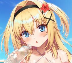 1girl :o any_(trueblue) bare_shoulders black_hairband black_ribbon blonde_hair blue_eyes blue_sky blush bottle chitose_sana close-up collarbone commentary_request day eyelashes fingernails flower hair_between_eyes hair_flower hair_intakes hair_ornament hair_ribbon hairband hand_up holding holding_bottle long_hair looking_at_viewer open_mouth outdoors red_flower ribbon sidelocks sky solo tenshinranman tsurime two_side_up water water_bottle x_hair_ornament