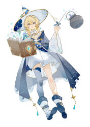 Rule 34 | 1girl, alternate costume, blonde hair, blue nails, book, boots, dress, floating, floating book, floating object, full body, genshin impact, grey thighhighs, hat, highres, holding, holding wand, long hair, looking at viewer, lumine (genshin impact), nail polish, open book, pleated dress, short dress, single thighhigh, solo, thighhighs, wand, white background, white dress, white footwear, white hat, witch hat, yaner 10, yellow eyes