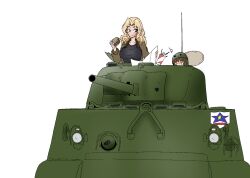 Rule 34 | 2girls, black shirt, blonde hair, blue eyes, brown hair, burger, closed mouth, commentary, cup, disposable cup, eating, emblem, food, food on face, girls und panzer, green headwear, guropara, hair intakes, helmet, holding, holding burger, holding food, holding map, jacket, kay (girls und panzer), looking at another, m4 sherman, map, medium hair, military vehicle, motor vehicle, multiple girls, open clothes, open jacket, saunders (emblem), saunders military uniform, shirt, simple background, spill, tank, tank helmet, white background