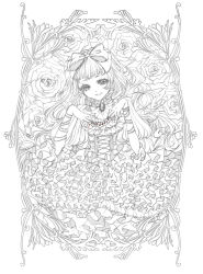 Rule 34 | 1girl, bow, brooch, dress, eyelashes, flower, framed, frills, gathers, greyscale, hair bow, hands on own chest, jewelry, long hair, monochrome, pixiv alice in under world, ribbon, rinko (mg54), rose, smile, solo, too many, traditional media