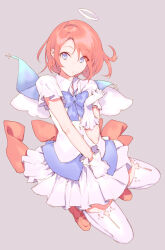 Rule 34 | 1girl, blue bow, blue capelet, blue eyes, bow, capelet, closed mouth, collared shirt, cross, eyes visible through hair, fifuth, floating, frilled gloves, frilled skirt, frills, gloves, grey background, halo, looking at viewer, medium hair, orange footwear, orange hair, original, shirt, shoes, short sleeves, simple background, skirt, solo, thighhighs, white gloves, white shirt, white skirt, white thighhighs