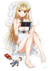 Rule 34 | 1girl, absurdres, bare shoulders, barefoot, blonde hair, breasts, brown hair, character doll, cleavage, clothing cutout, dated, doll, dress, earrings, food, hair ornament, highres, jewelry, knees together feet apart, knees up, large breasts, long hair, looking at viewer, mouth hold, mythra (xenoblade), nintendo, nintendo switch, playing games, pocky, rex (xenoblade), side cutout, simple background, sitting, solo, swept bangs, very long hair, white background, white dress, xenoblade chronicles (series), xenoblade chronicles 2, yellow eyes