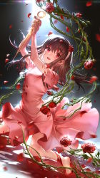 Rule 34 | 1girl, :d, arms up, barefoot, black hair, blood, blood on clothes, blood on face, breasts, commentary request, dress, flower, glint, hair flower, hair ornament, hairband, highres, holding, liiko, long hair, looking at viewer, open mouth, pink dress, plant, pleated dress, red eyes, red flower, red rose, rose, short sleeves, small breasts, smile, solo, spy x family, thorns, vines, white hairband, yor briar