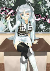 Rule 34 | 10s, 1girl, alternate costume, bad id, bad pixiv id, bespectacled, black thighhighs, blouse, blue eyes, boots, character name, collared shirt, desk, garter straps, glasses, grey necktie, grin, hair ornament, long hair, long sleeves, miss monochrome, miss monochrome (character), necktie, one eye closed, parted bangs, rosary (pixiv), rozario (akai rosario), shirt, skirt, smile, solo, thighhighs, twintails, unbuttoned, very long hair, waistcoat, white-framed eyewear, white shirt, wink
