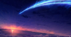 Rule 34 | absurdres, cloud, comet, commentary request, evening, highres, horizon, kimi no na wa., lake, landscape, meteor, mountain, mountainous horizon, night, night sky, no humans, reflection, scenery, signature, sky, skyrick9413, star (sky), sun, sunset