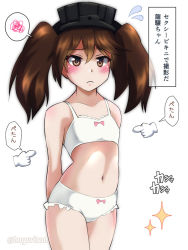 Rule 34 | 1girl, akichin (atelier baguri), arms behind back, bow, bow bra, bow panties, bra, brown eyes, brown hair, cowboy shot, flat chest, flying sweatdrops, frown, kantai collection, panties, ryuujou (kancolle), solo, translation request, twintails, twitter username, underwear, underwear only, visor cap, white bra, white panties