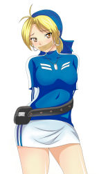 Rule 34 | 1girl, alternate color, arms behind back, bandana, belt, blonde hair, blush, breasts, brown eyes, contrapposto, dog tags, earrings, gag, highres, hoop earrings, improvised gag, jewelry, juudai, malin (kof), miniskirt, player 2, pouch, short hair, skirt, snk, solo, striped, tape, tape gag, the king of fighters, vertical stripes