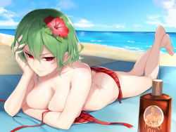 Rule 34 | 1girl, ass, asutora, bare shoulders, barefoot, beach, bikini, billy herrington, blanket, breasts, butt crack, cleavage, commentary request, covering privates, covering breasts, day, elbow rest, feet up, flower, green hair, hair between eyes, hair flower, hair ornament, kazami yuuka, large breasts, lotion, lying, on stomach, outdoors, parted lips, plaid, plaid bikini, red bikini, red eyes, short hair, side-tie bikini bottom, smile, solo, sunscreen, swimsuit, the pose, thighs, topless, touhou, untied bikini, v-shaped eyebrows, water