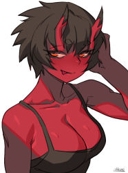 Rule 34 | 1girl, :p, bare arms, bare shoulders, black hair, breasts, cleavage, colored skin, horns, kidouko (zakusi), large breasts, looking at viewer, oni, oni horns, orange eyes, original, red oni, red skin, short hair, signature, simple background, slit pupils, smile, solo, tongue, tongue out, upper body, white background, zakusi