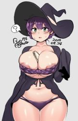 Rule 34 | 1girl, agawa ryou, areola slip, between breasts, blush, breasts, cleavage, curvy, food, green eyes, hat, huge breasts, large breasts, looking at viewer, open mouth, purple hair, sandwich, solo, wide hips, witch hat