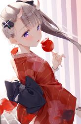Rule 34 | 1girl, bad id, bad twitter id, black bow, blunt bangs, blush, bow, bracelet, candy apple, copyright request, fish hair ornament, floral print, flower, food, hair between eyes, hair ornament, highres, holding, horns, japanese clothes, jewelry, kimono, kinako (shiratama mochi), long hair, long sleeves, looking at viewer, oni horns, purple eyes, red kimono, silver hair, solo, tagme, tongue, tongue out, wide sleeves