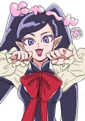 Rule 34 | 1girl, black hair, bow, colored eyelashes, commentary request, fangs, go! princess precure, highres, long hair, melon hamburg bentou, miss siamour, miss siamour (human), open mouth, paw pose, paw print, pointy ears, precure, purple eyes, red bow, smile, solo, twintails