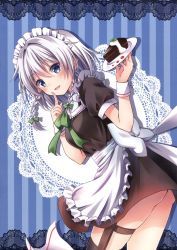 Rule 34 | 1girl, apron, ass, bent over, blue background, blue eyes, blush, bow, braid, cake, plate, dress, food, hair bow, hair ornament, highres, izayoi sakuya, kure~pu, looking at viewer, maid headdress, non-web source, open mouth, puffy sleeves, ribbon, scan, short hair, short sleeves, silver hair, smile, solo, striped, striped background, touhou, twin braids, waist apron