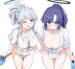 Rule 34 | 2girls, blue archive, blunt bangs, breasts, cleavage, female pubic hair, fundoshi, halo, happi, japanese clothes, large breasts, multiple girls, noa (blue archive), ponytail, pubic hair, purple eyes, purple hair, sacha, simple background, sweat, wet, wet clothes, white background, white hair, yuuka (blue archive)