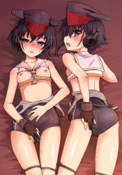 Rule 34 | 10s, 2girls, :o, adjusting clothes, adjusting swimsuit, ass, bad id, bad pixiv id, bare arms, bare shoulders, bed sheet, between breasts, black gloves, black hair, black one-piece swimsuit, blush, breasts, brown eyes, brown neckerchief, clothes pull, collarbone, cowboy shot, crop top, embarrassed, female focus, framed breasts, from above, from behind, fujii jun, gloves, groin, hand on own stomach, har, head tilt, headset, i-13 (kancolle), i-14 (kancolle), kantai collection, looking at viewer, looking back, looking up, lying, multiple girls, neckerchief, nipples, nose blush, on back, on stomach, one-piece swimsuit, one-piece swimsuit pull, open mouth, partially fingerless gloves, profile, sailor collar, school swimsuit, shiny skin, short hair, siblings, sideways mouth, single glove, sisters, sleeveless, small breasts, sweat, swimsuit, thigh gap, thigh strap