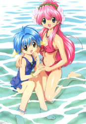 Rule 34 | 00s, 2girls, age difference, animal ears, anklet, arm around neck, barefoot, bikini, blue eyes, blue hair, blue one-piece swimsuit, blush, bow, bracelet, breasts, brooch, casual one-piece swimsuit, child, cleavage, clenched hand, crease, feet, flat chest, flower, frilled swimsuit, frills, front-tie bikini top, front-tie top, galaxy angel, hagiya yasunari, hair between eyes, hair flower, hair ornament, hairband, hand on another&#039;s shoulder, happy, highres, holding hands, hug, interlocked fingers, jewelry, kneeling, long hair, looking at viewer, megami magazine, milfeulle sakuraba, mint blancmanche, multiple girls, navel, necklace, official art, one-piece swimsuit, outdoors, partially submerged, pink bikini, pink hair, scan, short hair, side-tie bikini bottom, sideboob, sidelocks, sitting, smile, swimsuit, very long hair, wading, water, yellow eyes