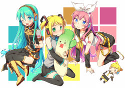 Rule 34 | 3girls, all fours, aqua eyes, aqua hair, belt, blonde hair, blue eyes, blush, boots, bvj, character doll, cosplay, costume switch, cross-laced footwear, detached sleeves, green eyes, hair ribbon, hatsune miku, hatsune miku (cosplay), headphones, headset, highres, kagamine len, kagamine rin, kagamine rin (cosplay), knee boots, lace-up boots, leg warmers, long hair, megurine luka, megurine luka (cosplay), multiple girls, necktie, one eye closed, open mouth, pink hair, ribbon, sailor collar, short twintails, sitting, skirt, smile, spring onion, tattoo, thigh boots, thighhighs, twintails, v, very long hair, vocaloid, wariza, wavy mouth