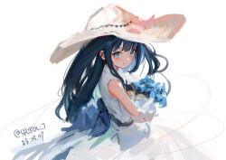Rule 34 | 1girl, akatsuki (kancolle), alternate costume, blue eyes, blue flower, blue rose, blush, bouquet, bow, dated, dress, flower, highres, kantai collection, long hair, one-hour drawing challenge, purple hair, rose, shidou (shiyou j), simple background, sundress, twitter username, waist bow, white background