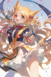 Rule 34 | 1girl, :d, absurdres, animal ears, archetto (arknights), archetto (publicity strategy) (arknights), arknights, blonde hair, blue eyes, blue jacket, blush, bow, bowtie, confetti, creature, cropped jacket, double n/, dutch angle, fang, feet out of frame, fingerless gloves, forehead, frilled sleeves, frills, gloves, gradient background, grey background, hair bow, heterochromia, highres, jacket, long hair, looking at viewer, midriff, miniskirt, \n/, navel, official alternate costume, open mouth, red bow, red bowtie, red eyes, short sleeves, skin fang, skirt, smile, solo, standing, stomach, tuzhate, very long hair, white bow, white gloves, white skirt