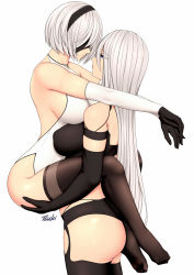 Rule 34 | 2b (nier:automata), 2girls, a2 (nier:automata), a2 (nier:automata) (cosplay), android, armlet, ass, black blindfold, black hairband, black shorts, blindfold, blue eyes, breasts, cosplay, covered eyes, cowboy shot, elbow gloves, gloves, hairband, highleg, highleg leotard, highres, joints, large breasts, leg lock, leotard, multiple girls, nier:automata, nier (series), no blindfold, painttool sai (medium), photoshop (medium), robot joints, ryu seung, shorts, silver hair, standing, standing leg lock, tank top, thighhighs, white background, white leotard
