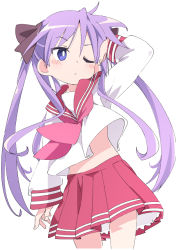 Rule 34 | 1girl, blush stickers, hand up, hiiragi kagami, ixy, light purple hair, long hair, looking to the side, lucky star, midriff, midriff peek, one eye closed, pink neckwear, pleated skirt, purple eyes, red skirt, ryouou school uniform, school uniform, serafuku, simple background, skirt, solo, twintails, white background