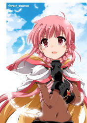 Rule 34 | 1girl, artist name, bodysuit, braid, cape, cloud, cloudy sky, commentary request, feathers, gloves, hair between eyes, hands on own chest, looking at viewer, magia record: mahou shoujo madoka magica gaiden, mahou shoujo madoka magica, navel, open mouth, pink eyes, pink hair, sidelocks, sky, solo, tamaki iroha, train 90, twin braids