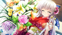 Rule 34 | 1girl, ^ ^, aina ashwin, blush, closed eyes, closed eyes, flower, flower request, game cg, hair ornament, indoors, japanese clothes, kimono, lily (flower), long hair, obi, pink flower, pink rose, prism recollection!, rose, sash, shintarou, smile, solo, tulip, vase, white hair, wisteria, yellow flower, yellow rose