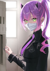 Rule 34 | 1girl, bad id, bad pixiv id, black nails, breasts, dress, earrings, haro art, highres, hololive, horns, jewelry, locker, looking at viewer, mask, mouth mask, nail polish, necktie, ponytail, purple dress, shade, smile, solo, tokoyami towa, uniform, virtual youtuber, window, yellow eyes
