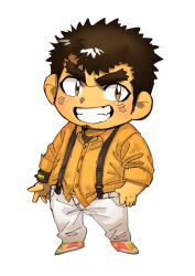 Rule 34 | 1boy, bara, blush, chibi, collared shirt, facial hair, forked eyebrows, full body, goatee, goatee stubble, grin, huge eyebrows, long sideburns, looking to the side, male focus, official alternate costume, orange shirt, oskn tengoku, shirt, short hair, sideburns, smile, solo, stubble, takabushi kengo, tokyo houkago summoners, upper body, v-shaped eyebrows