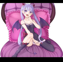 Rule 34 | 10s, 1girl, :d, black thighhighs, blue hair, blush, breasts, couch, demon tail, demon wings, fang, frilled pillow, frills, highres, horns, letterboxed, long hair, looking at viewer, new game!, open mouth, pillow, purple eyes, purple hair, shin&#039;ya mahiru, sitting, sleeveless, small breasts, smile, solo, suzukaze aoba, tail, thighhighs, twintails, wings