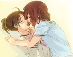 Rule 34 | 2girls, brown hair, earrings, closed eyes, food, fruit, grabbing another&#039;s chin, hand on another&#039;s chin, hareta, hirasawa ui, hirasawa yui, hoop earrings, incest, jewelry, k-on!, listen!!, mouth hold, multiple girls, seita, shared food, siblings, sisters, strawberry, strawberry kiss, yuri